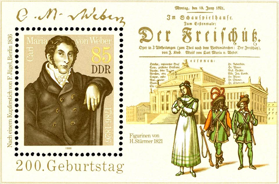 DDR-Briefmarke mit C. M. v. Weber und dem Freischütz 